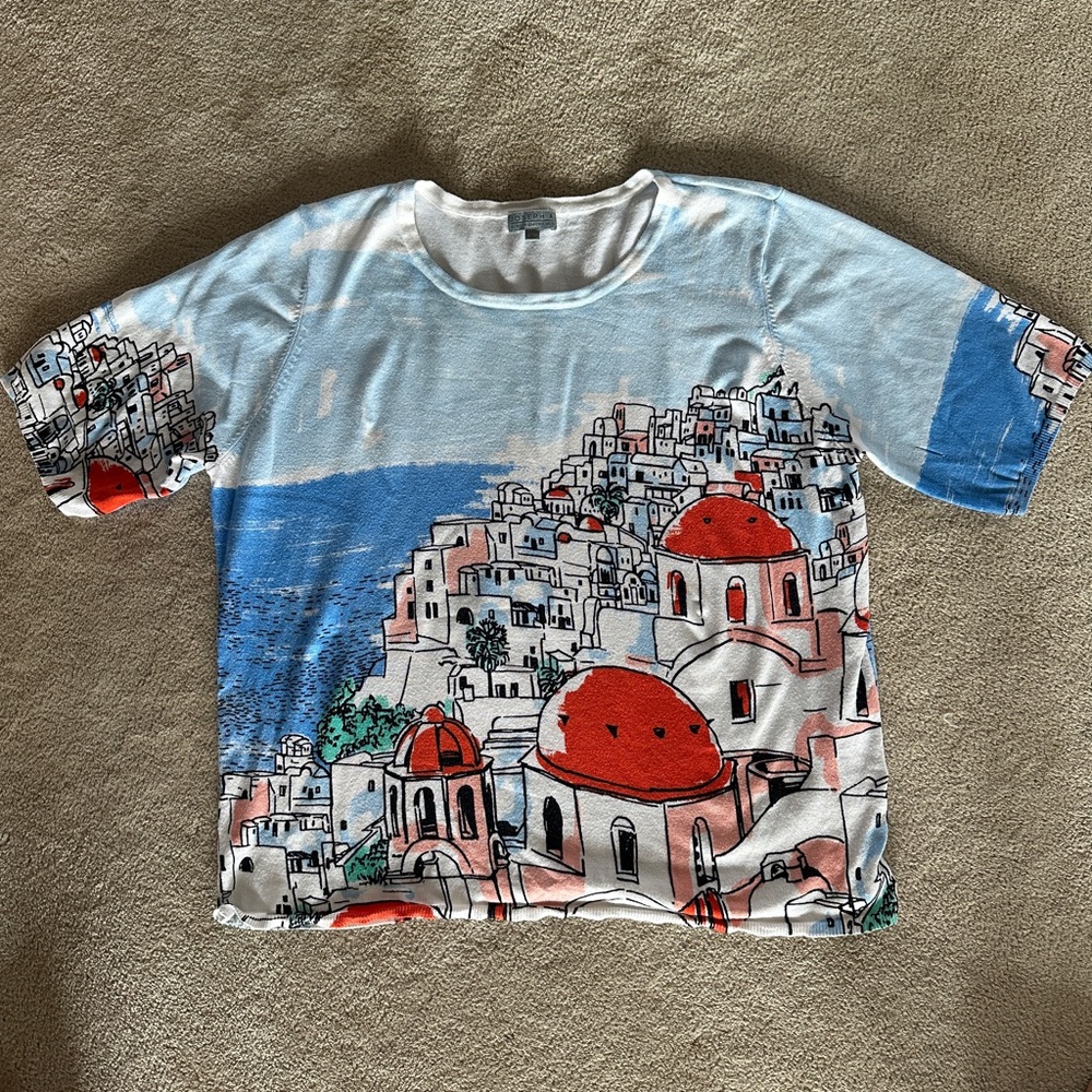 Joseph A Blue and Red Scenic Short Sleeve sweater